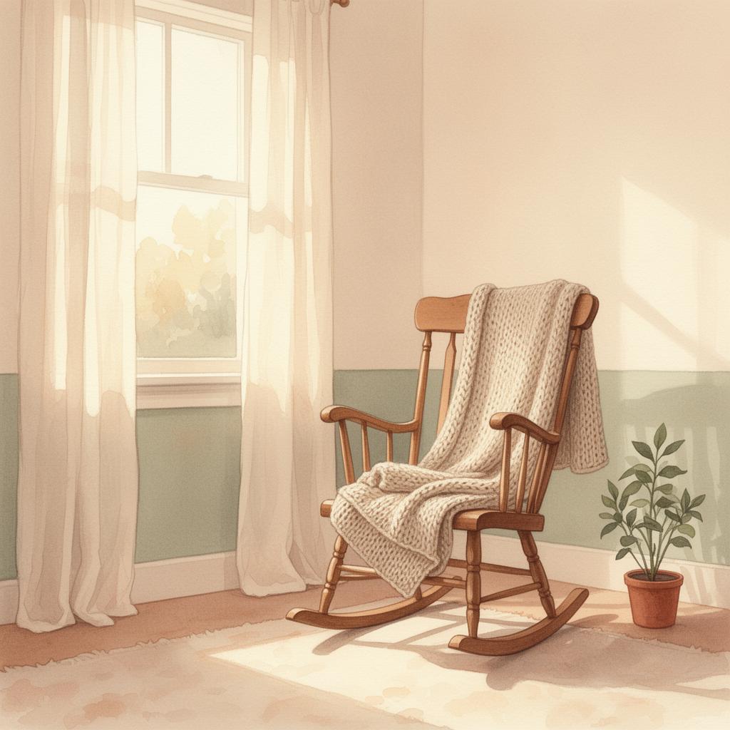 A warm, sunlit nursery with a rocking chair and knit blanket